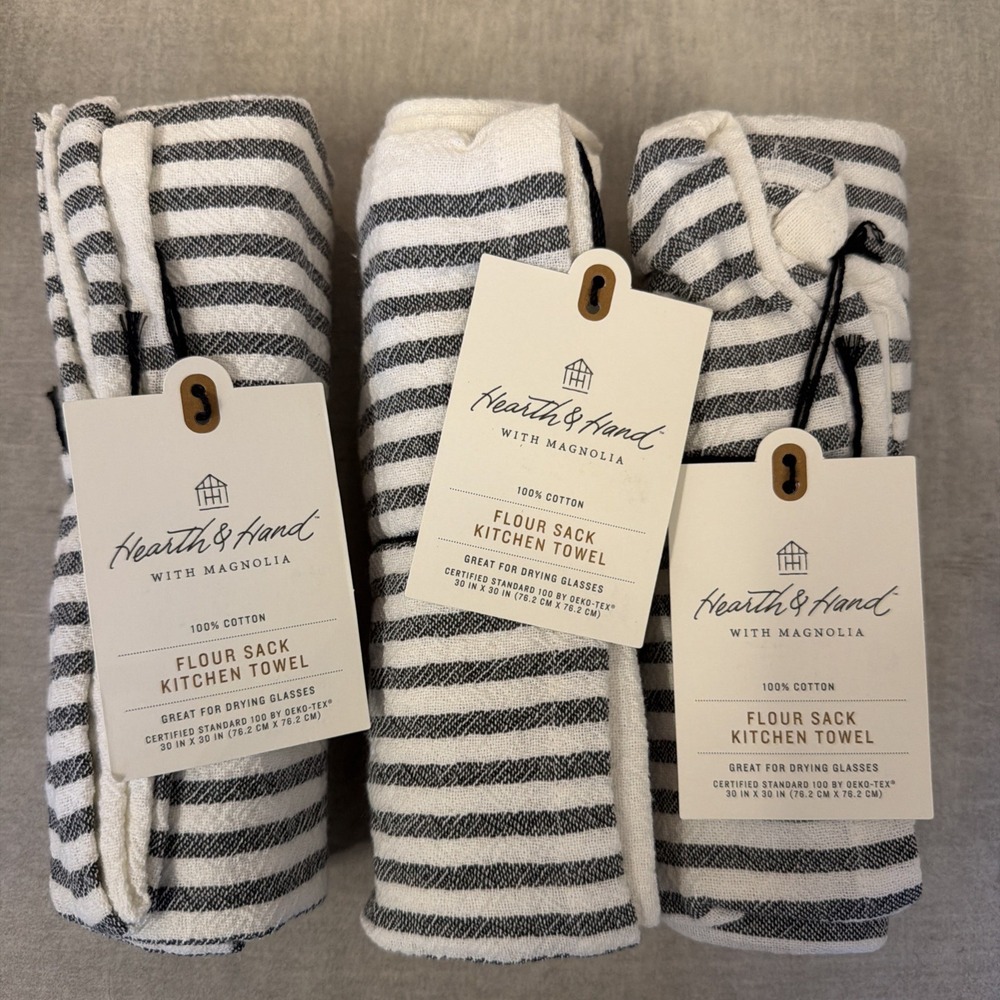 Magnolia Hearth Hand Kitchen Flour Sack Dish Towel Mini Stripe Charcoal Gray 3pc
